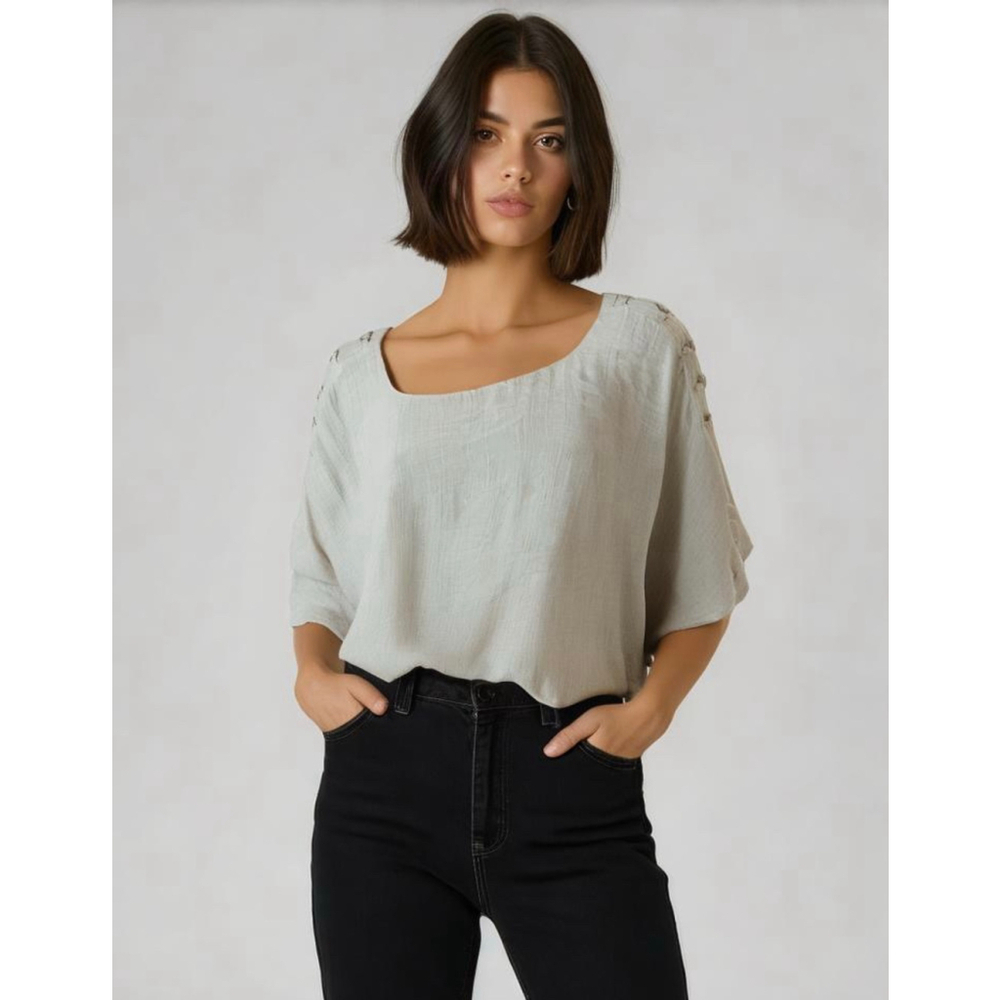 NWT JM Collections Women's Beige Cape Blouse 0X Square Neck Bat Sleeves Office